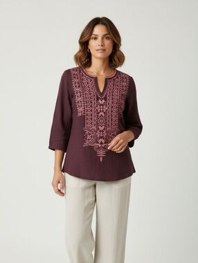J. Jill Pure Jill Burgundy Embroidered Tunic Top Boho 3/4 Sleeve Women’s SP